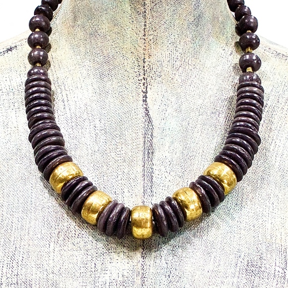 VTG 80's Chunky Natural Bone and Brass Necklace - Picture 2 of 5